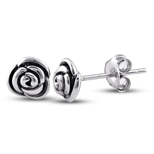 Sterling Silver Rose Flower Stud Earrings - 7mm
