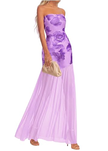 KIRUNDO Wedding Guest Dresses for Women 2026 Summer Strapless Bodycon Floral Maxi Mesh Tulle Hem Cocktail Party Formal Dress(Purple Flower, X-Large)