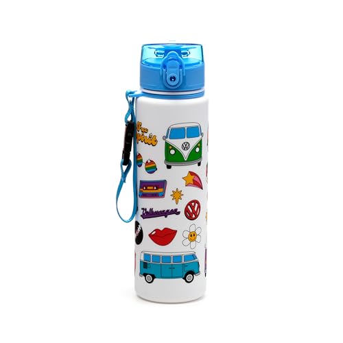 Puckator Volkswagen VW T1 Camper Bus Retro Pop Top 600ml Shatterproof Bottle - Reusable Insulated Active Water Bottle Flask For Girls And Boys With A Carry Handle & Straw Bpa Free For School Nursery
