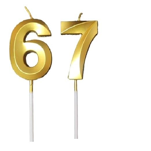 Image of ToyUniverse Number 67 Gold Candle | Sixty Seven Number Candle | Number 67 Metallic Gold Candle for Sixth Seventh Birthday,Anniversary, Surprise Party Cake Decoration Candle (Pack of 2,Number 67)
