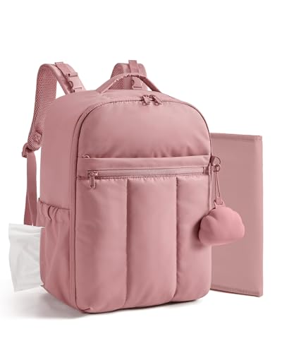 BAGSMART Diaper Backpack with Insulated Pockets & Changing Pad,Dark Pink