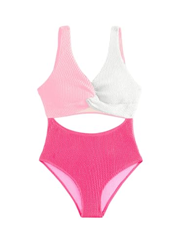 OYOANGLE Girl's One Piece Swimsuits Colorblock Cut Out Twist Front Sleeveless Bathing Suit Beach Swimwear Pink and White 11-12Y