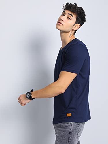 Image of PAUL STREET Men's Navy Pure Cotton Round Neck Solid Slim Fit T-Shirt