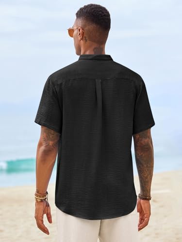 Image of Runcati Mens Casual Henley Shirt Short Sleeve Band Collar Textured Shirts Summer Beach Hippie T-Shirts