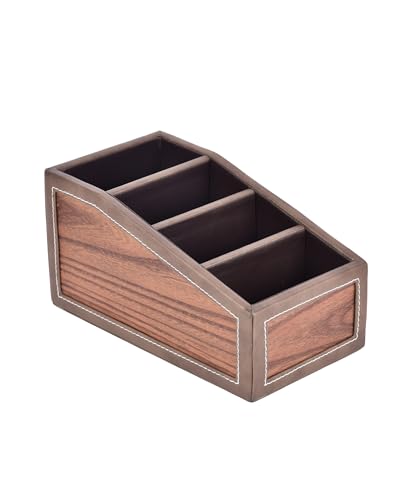 Image of Premsons Classic Remote Holder - 4 Section Tabletop Organizer in Light Brown | Faux Leather with Refined Wooden Finish | Decorative & Practical Organizer - Light Brown