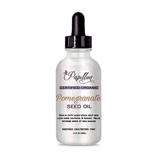 Papillon Organic 100% Pure Pomegranate Seed Oil - Organic Unrefined Cold Pressed Antioxidant Moisturizer - Vitamins for Vibrant Skin, Hair & Nails - 1 Bottle