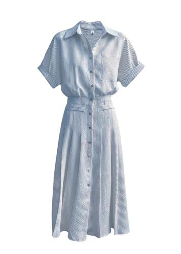 utcoco Women's 2025 Trendy Casual Striped Button Down Shirt Dress Elastic Waist Short Sleeve Midi Dress
