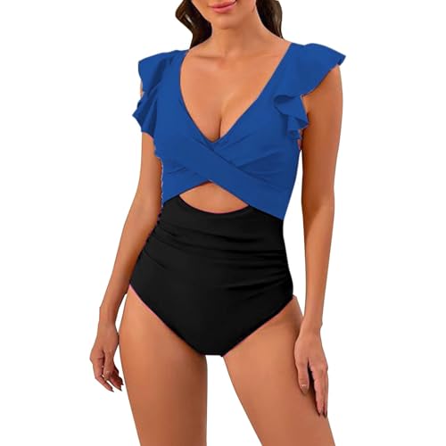 Mujer Traje de baño de una pieza para mujer Adelgazamiento de cintura alta cuello en V cruce delantero sexy traje de baño de moda con empalme bloqueo de color Bikini deportivo mujeres acolchado, azul