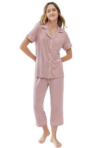 Image of Joyaria Bamboo Viscose Cooling Pajamas for Women Capri Button Front Pjs Set | Ideal for Night Sweats, Hot Sleeper Friendly, Breathable & Moisture Wicking, Short Sleeve Top