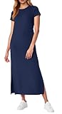 QIXING Women's Elegant Summer Maxi Dress with Pockets UK Holiday & Travel Outfits Split Hem Short Sleeve Wrinkle Free Dress (Navy Blue, L)