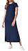 QIXING Damen Strick-Optik Maxikleid fur Kurzarm - Basic Style mit Seitensplit, Taschen & Faltenfrei Sommerkleid für Urlaub & Reise (Marineblau, M)