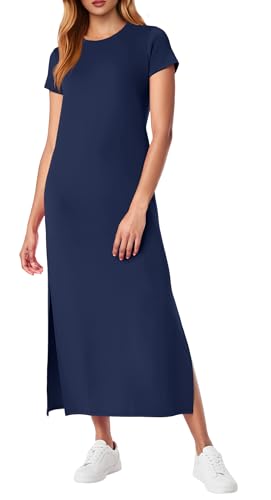QIXING Damen Strick-Optik Maxikleid fur Kurzarm - Basic Style mit Seitensplit Taschen & Faltenfrei Sommerkleid für Urlaub & Reise (Marineblau M)