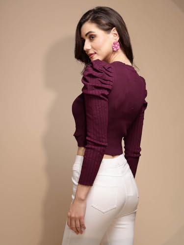 Image of Global Republic Solid Knit Regular Fit Round Neck Full Sleeves Pullover for Women