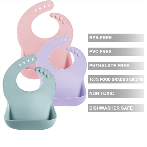 PandaEar 3 Pack Silicone Bibs for Babies Toddlers Girls, Adjustable Fit BPA Free Waterproof Bibs with Pocket Food Catcher (Blue/Pink/Purple)2
