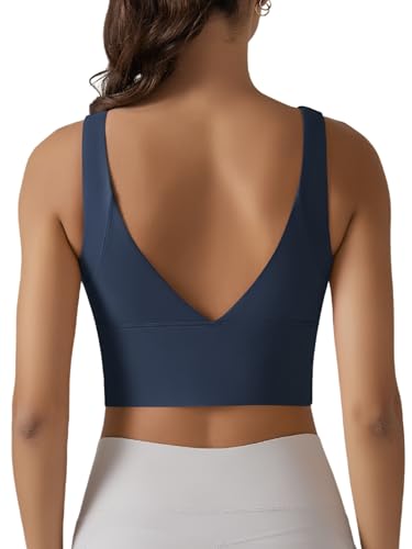 Image of ABOCIW Longline Sports Bra for Women V Back Wireless Padded Medium Support Yoga Bra Workout Crop Tank Tops