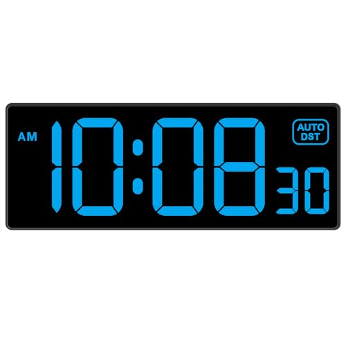 Soobest LED Wall Clock Digital Clock with Seconds, Electric Plug in Large Big Numbers Clock 5 Dimmers Wall Mount for Living Room, Auto DST, 10 Inches (Blue)