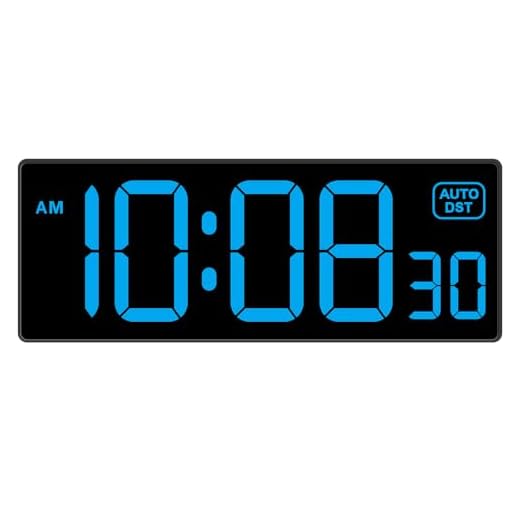 LED Digital Clock Wall Clock with Seconds, Electric Clock Plug Auto DST Dimmer LED Large Display 10 Inches (Blue)