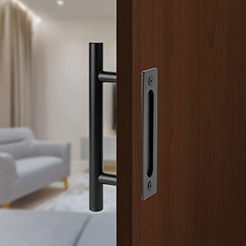Barn Door Handles 2 Pack 12 Inch - Barn Door Handles Black Barn Door Handle Double Sliding Barndoor Hardware Bard Plate - Barnwood Kit, Inset Knobs Finger Flush Pulls Barnyard Barb Latch Closure Pull #TOP4
