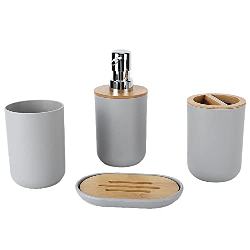 YUUGAA Badezimmer-Set, 4-teiliges Badezimmer-Zubehör-Set Bambus wasserdicht langlebiges Geschenk Zahnbürstenbecher für Home Hotel(Grau) Cover