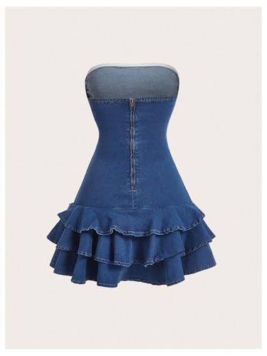 WDIRARA Women's Strapless Denim Mini Dress Bandeau Layered Ruffle A Line Bow Dresses2