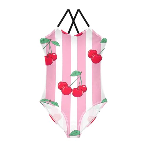 CHIFIGNO Cherry Pink Stripes Toddler Girls Bathing Suit Quick Dry Crossback One Piece Swimsuit Girls 3T
