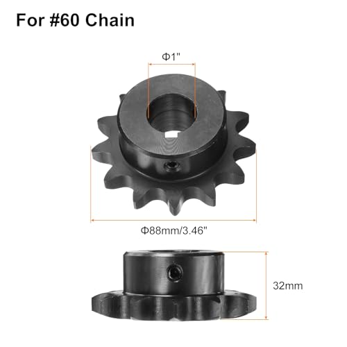 Image of uxcell #60 Chain Roller Sprocket B Type, 1 inch Bore 13 Tooth Single Strand Chain Sprocket, Carbon Steel, Keyway with Set Screws
