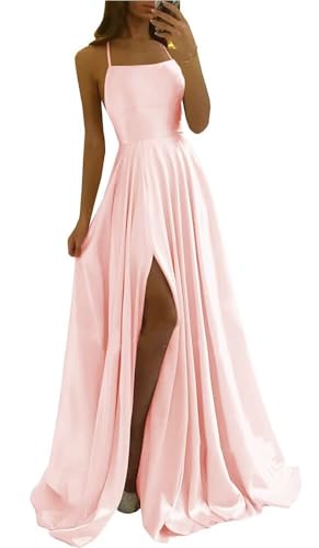 Image of Tvuyet Satin Prom Dresses Long with Pockets Spaghetti Straps A Line Bridesmaid Dresses with Side Slit Ball Gown