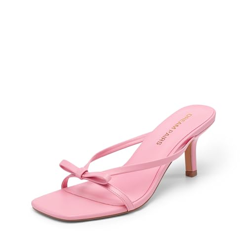 DREAM PAIRS 2026 Womens Bow Heels Kitten Heel Mule Sandals Square Toe Strappy Slip On Dress Heels Elegant Bridal Wedding Party Formal Shoes for Special Occasions Size 7.5 Pink SDHS26021W