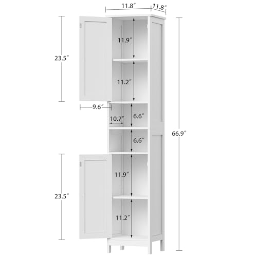 Image of TEENFON 67 inch Tall Bathroom Cabinet with Adjustable Shelves and Doors, Narrow Bathroom Storage Cabinet for Small Space, Living Room, Entryway, Kitchen, White