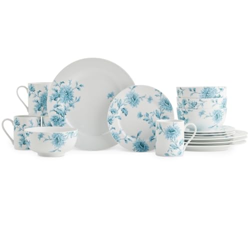 Portmeirion Home 16-Piece Porcelain Dinnerware Set, Vintage Denim - Floral Plates, Bowls & Mugs - Casual Everyday Dining Tableware for Dining & Entertaining, Dishwasher & Microwave Safe