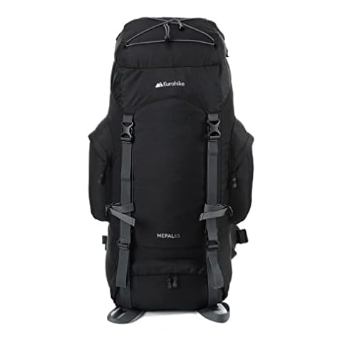 Eurohike Nepal 65 Litre Rucksack with Ventilated Back Panel and Multiple Pockets, 65 Litre Backpack, Travelling Rucksack, Multi-Day Expedition Rucksack, Camping Equipment, Black, One Size Cover