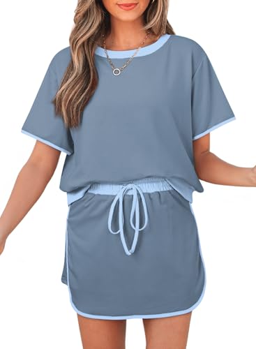 Opemiby Fashion Summer Two Piece Set Crewneck Tshirt and Short Sets Minimalist Design No Pockets Cruise Outfit for Going Out Polished Brunch Coffee Beach Vacation Travel Airport Gray Blue L