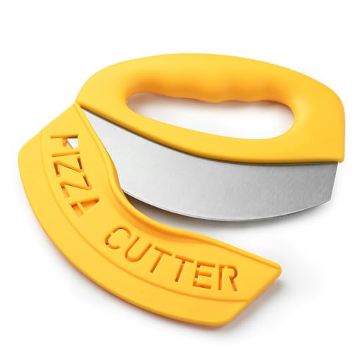 MAEXUS ピザカッター ステンレス製 ピザナイフ 安全ケース付 指保護装置 滑りにくいピザナイフ パイサーバー ピザ切りカッター お手入れ簡単 食洗機対応 使用簡単 ケーキナイフ ピザ切り 業務用 家庭用 キッチン道具 (イエロー)