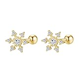 Cute 20g Snowflake CZ Screw Back Small Stud Earrings for Women Dainty Simple Stainless Steel Silver Gold Plated Winter Flower Cartilage Tragus Piercing Little Studs Barbell Hypoallergenic Fashion Jewelry Christmas Gift (Gold)