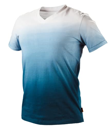 NEO TOOLS T-shirt denim bleu ombré pour homme, tailles S à 3XL, 100% coton, 180 g/m², bleu marine à blanc, manches retroussées, décolleté plat (XL)