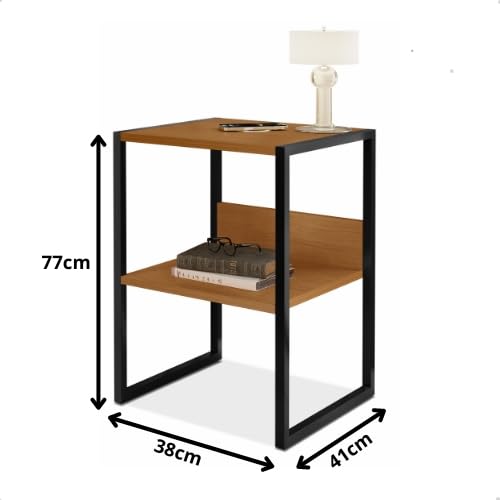 Mesa de Cabeceira Industrial com Carregador Wireless Integrado, MDF e Aço (Amadeirado)