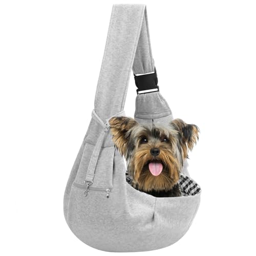 Adjustable Dog Carrier Sling – Hand-Free Dog Carriers for Small Dogs and Cats, Puppy Sling Carrier with Zipper Purse Pocket, Travel Safety Harness, Puppy Essentials (Gray)