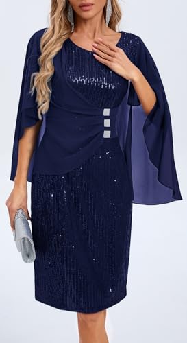 Womens Sequin Cocktail Party Dress Elegance Chiffon Midi Dresses Cape Sleeve Bodycon Dress with Ruffle Asymmetrical Over4