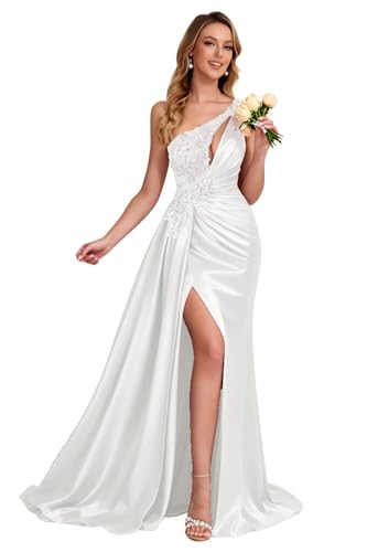 One Shoulder Ruched Prom Dress White Satin Beaded Appliques Long Mermaid Prom Dresses for Women Size 10