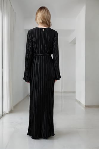 Image of Pluto & Fox Women's Crew Neck Plisse Maxi Dress Long Sleevele Flared Cuffs Belted Pleated Party Cocktail Wedding Guest Dress