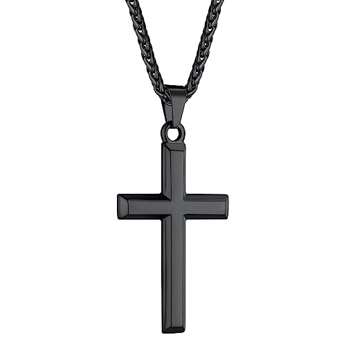ChainsHouse Cross Necklace for Men, Black/18K Gold Plated/Stainless Steel Christian Jewelry Cross Pendant Necklace for Men, with Gift Box d: Cross-Black