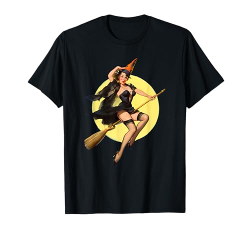 Vintage Pin up Witch Halloween Pinup Girl Funny Ilustration T-Shirt