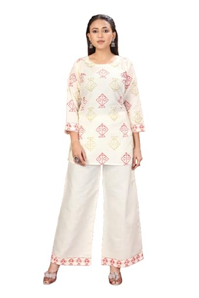 Co-ord Set for Women Printed Cotton Shirt Style Top with Palazzo Pants Handblock Colors Two Piece Ethnic Outfit-image-35