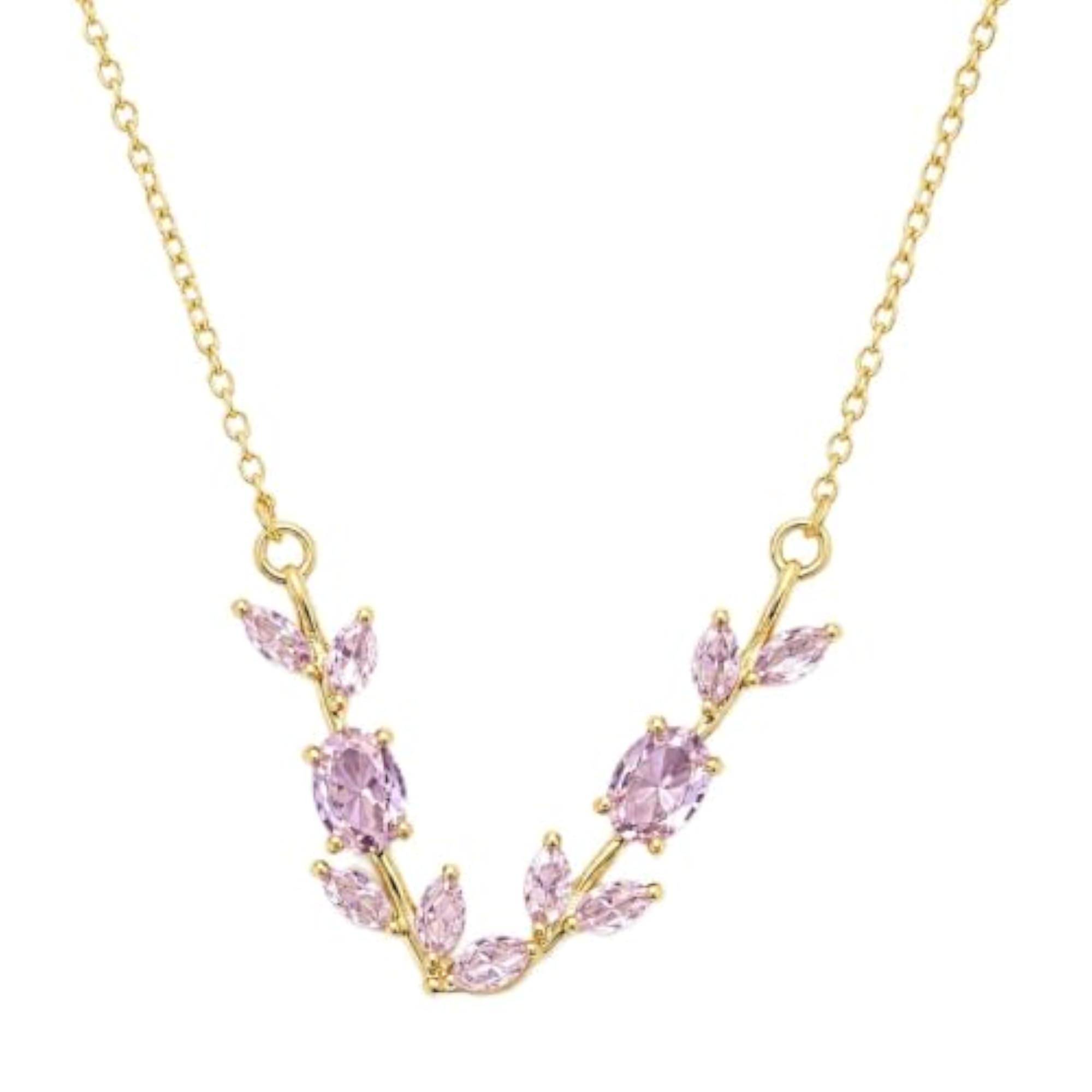 Women's Pink Crystal Leaf Tulip Necklace with Gold-Tone Chain