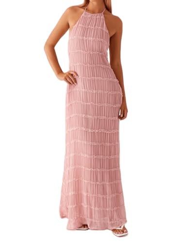 Image of Argeousgor Women Halter Neck Backless Summer Dresses 2025 Sleeveless Tiered Ruffle A-Line Flowy Cocktail Party Maxi Dress