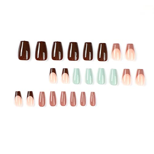 MISUD Medium Coffin Press on Nails Ballerina Fake Nails Glossy Glue on Nails Fall Brown Artificial Acrylic Nails French Tip Stick on False Nails with Design 24 pcs - Image 4
