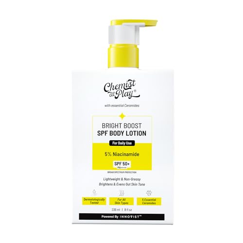 Chemist At Play Bright Boost SPF Body Lotion | With 5% Niacinamide & SPF 50+ PA++++ | 24 hours moisturization | Lightweight & Non-Greasy Formula | 236ml