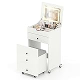 GYMAX Tocador 3 en 1 con Ruedas, Mesa con Espejo Iluminado Plegable, Cajones y Espacio de Almacenamiento, Tocador con Taburete con Espacio de Almacenamiento para Dormitorio, y Oficina