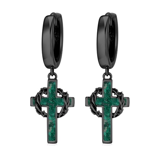 Cross Hoop Earrings for Men Women 925 Sterling Sliver Black Cross Dangle Earrings Christian Jewelry Catholic Gifts for Men Women