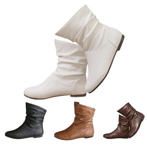 Women's Slouchy Leather Ankle Boots,Low Heel Booties Outdoor Comfy Casual Waterproof Classic Winter Riding Boots Vintage Round Toe Slip On Mid Calf Fashion Comfortable Walking Shoes 6